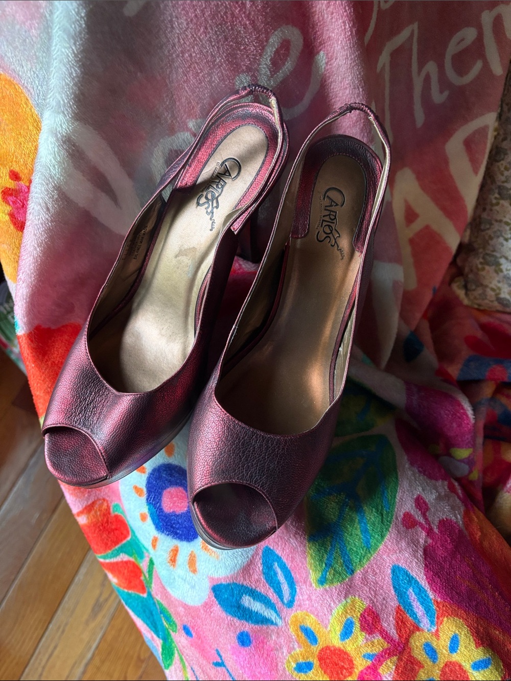 Carlos by Carlos Santana Metallic Burgundy Peep-Toe Slingbacks